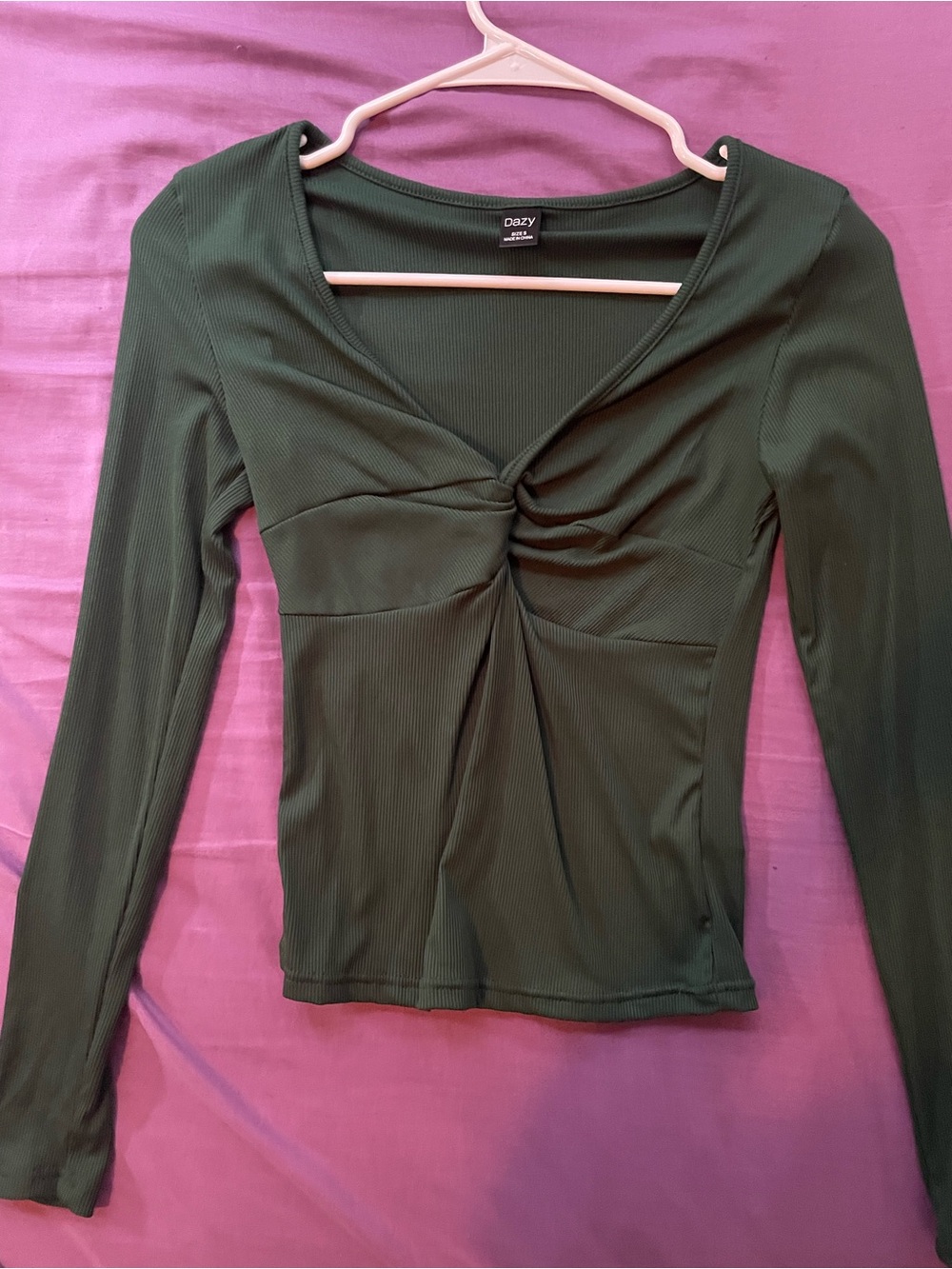 Green Long-Sleeve Twist Front Top